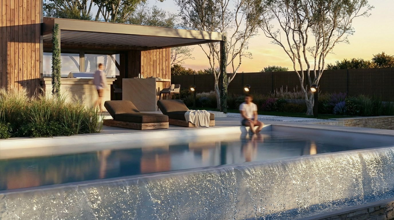 Rendu 3D piscine et pergola aménagement extérieur · visualisation architecturale Rennes